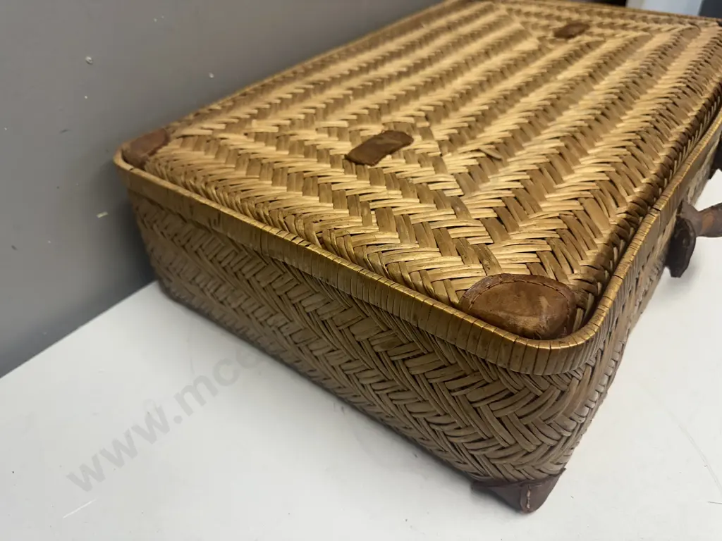 Vintage Cane Basket/Case With Leather Trim W58,D37cm. Image 1++