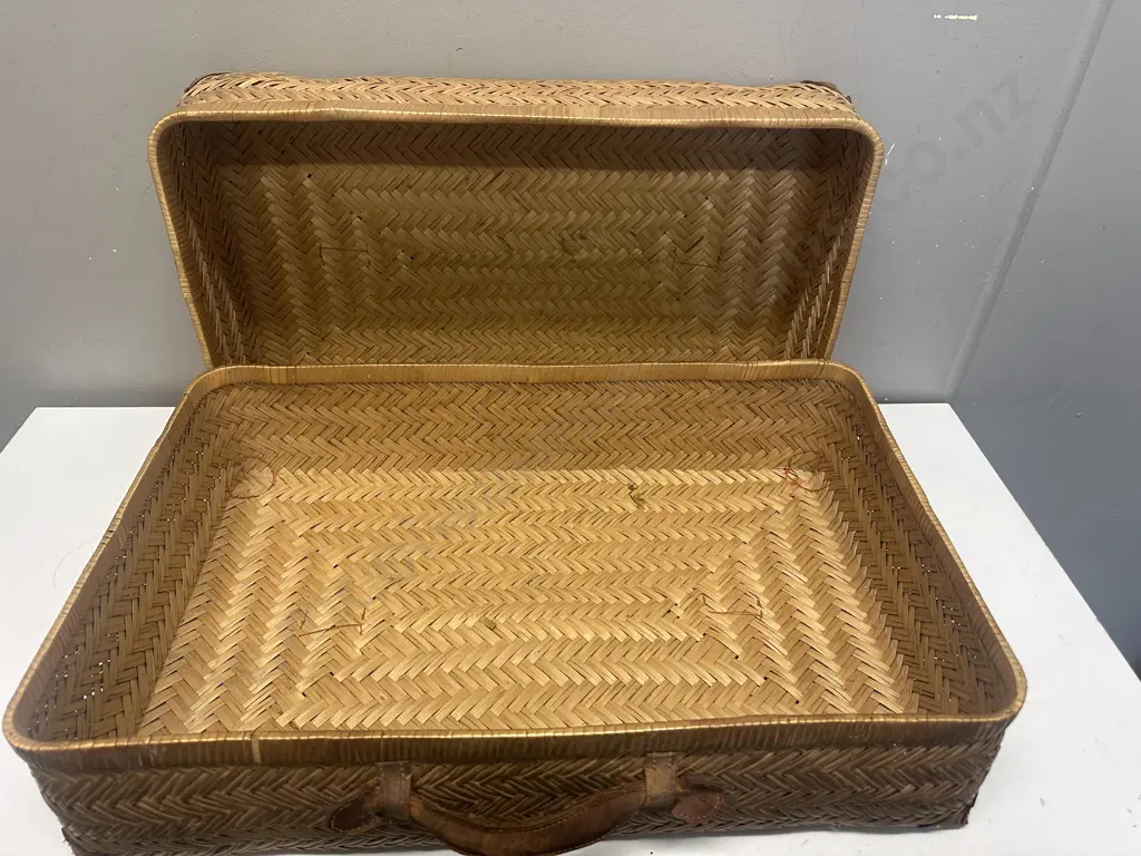 Vintage Cane Basket/Case With Leather Trim W58,D37cm. Image 1++