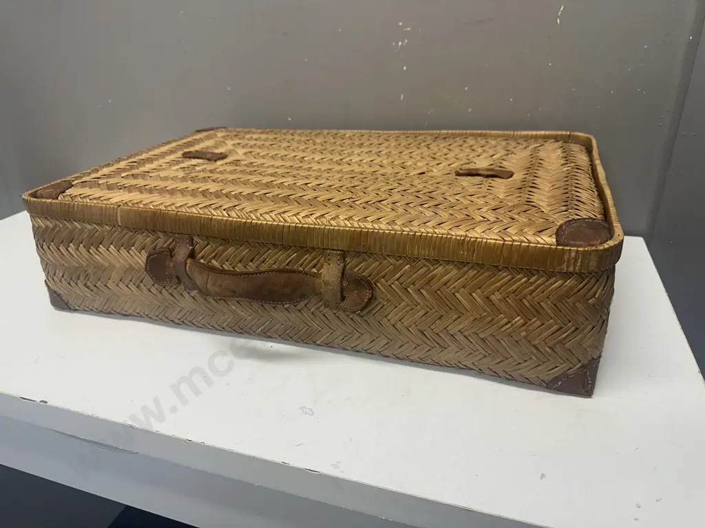 Vintage Cane Basket/Case With Leather Trim W58,D37cm. Image 1++