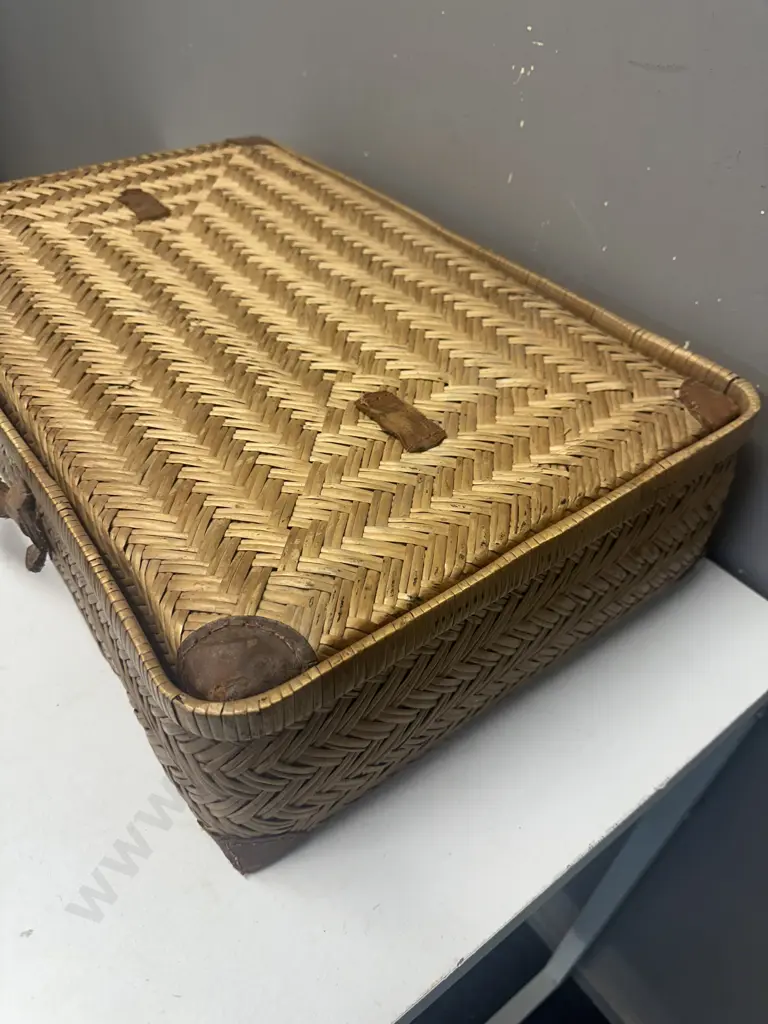 Vintage Cane Basket/Case With Leather Trim W58,D37cm. Image 1++