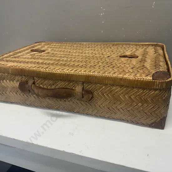 Vintage Cane Basket/Case With Leather Trim W58,D37cm.