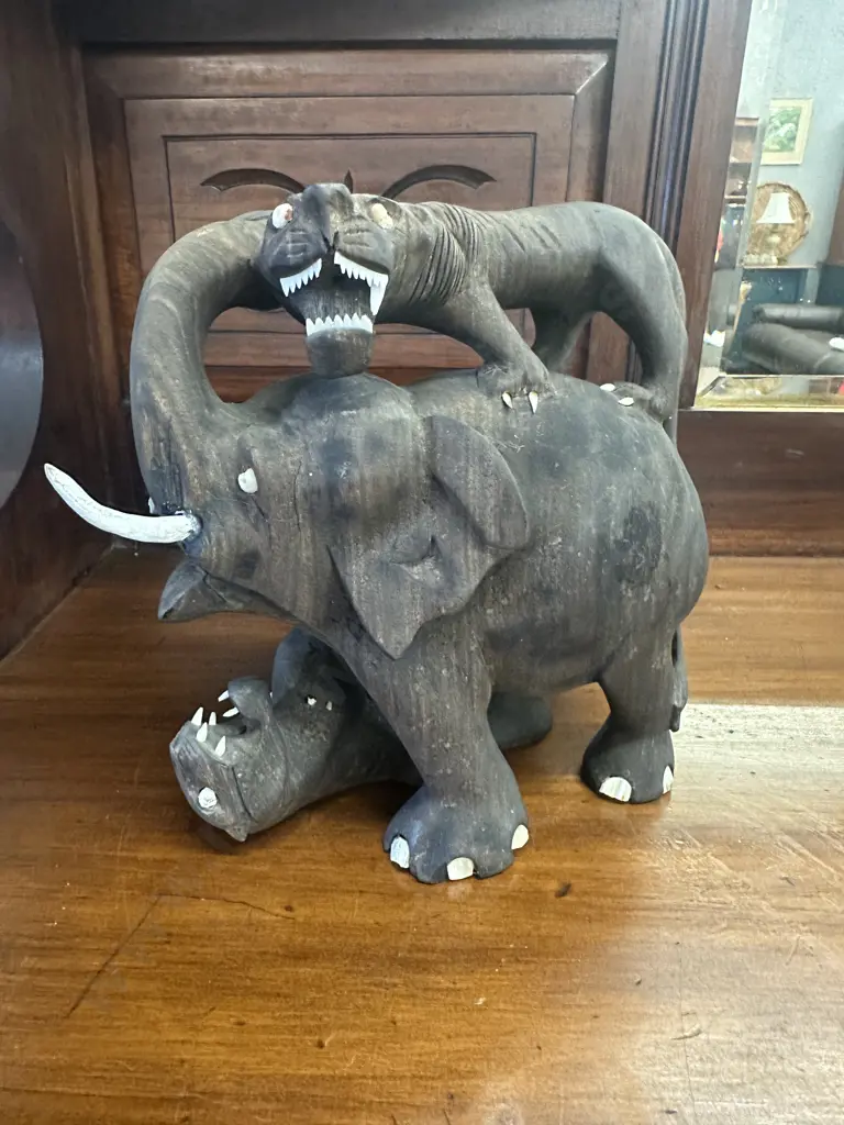 Sculpture Of An Elephant & Tiger On Back & Underneath (As Found) H17.5cm Image 1++
