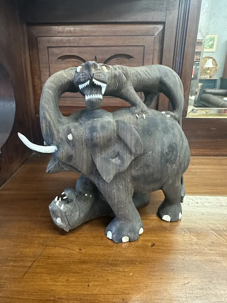 Sculpture Of An Elephant & Tiger On Back & Underneath (As Found) H17.5cm Image 1++