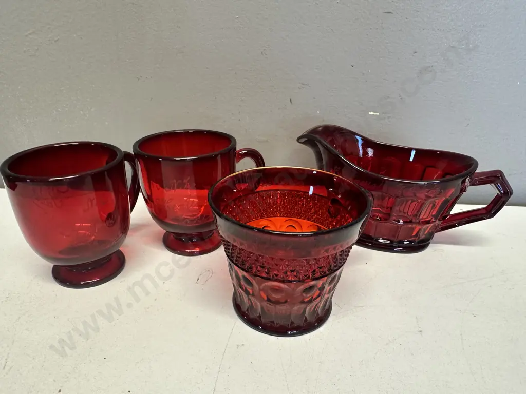 Vintage Ruby Red Glass Items, Includes Creamer, Footed Cups Etc Image 1++