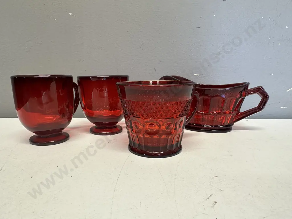 Vintage Ruby Red Glass Items, Includes Creamer, Footed Cups Etc Image 1++