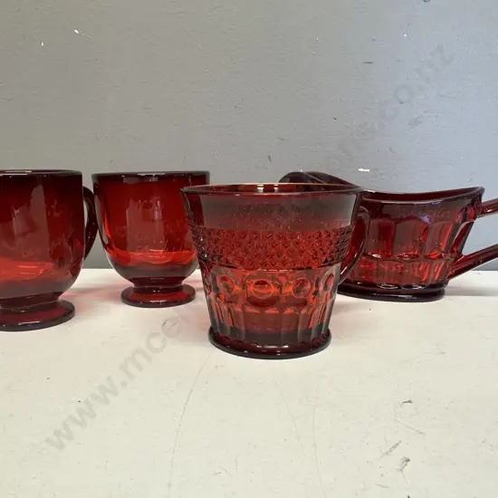 Vintage Ruby Red Glass Items, Includes Creamer, Footed Cups Etc