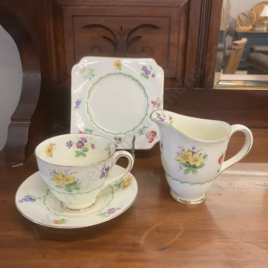 Royal Doulton V1566 Art Deco "Posies" Bone China Creamer, Cup & Saucer With Plate