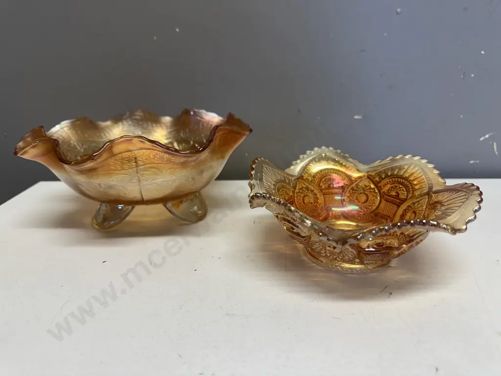 Fenton Marigold Carnival Glass Bowl 9 x 20cm, Ruffled Rim, Spatula Foot, Rare Marigold Carnival Glass Bowl 6.5 x 16cm Image 1++