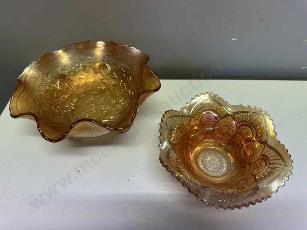 Fenton Marigold Carnival Glass Bowl 9 x 20cm, Ruffled Rim, Spatula Foot, Rare Marigold Carnival Glass Bowl 6.5 x 16cm Image 1++