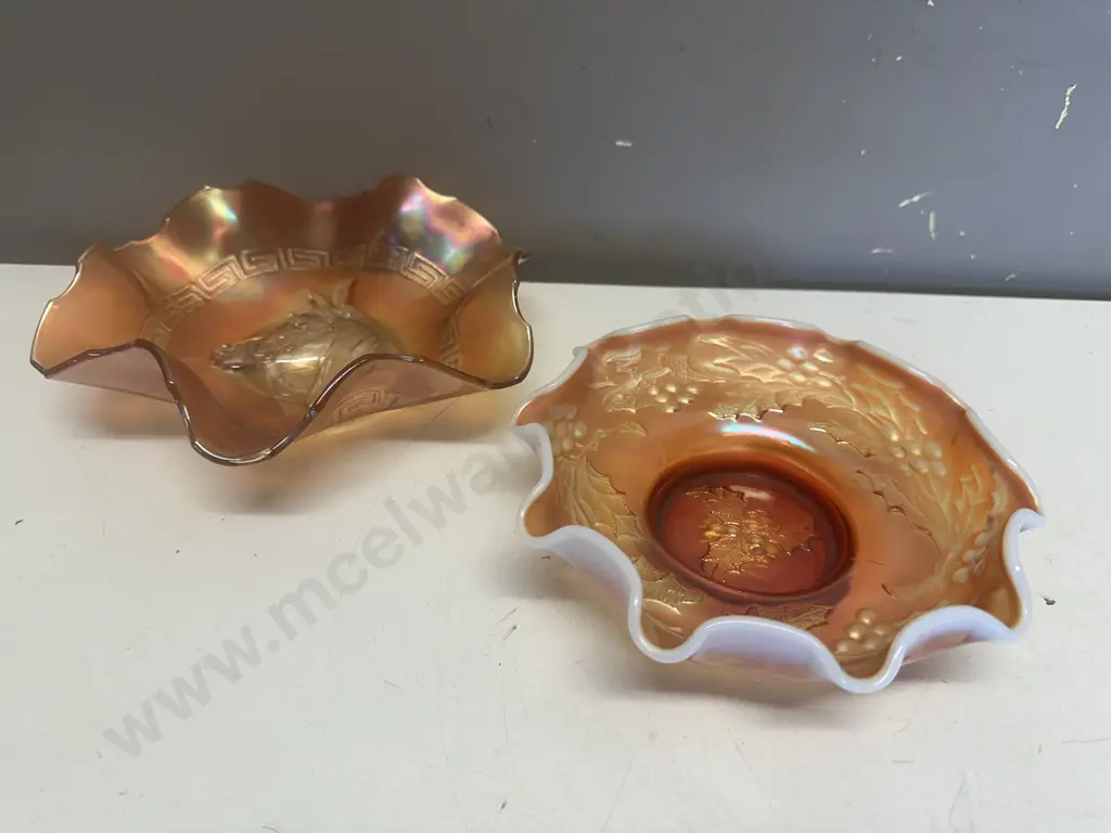 Vintage Dugan Horses Pony Marigold Carnival Dish Ruffled Bowl 7 x 22cm & Carnival Glass Holly Berry Bowl 6 x 19cm Image 1++