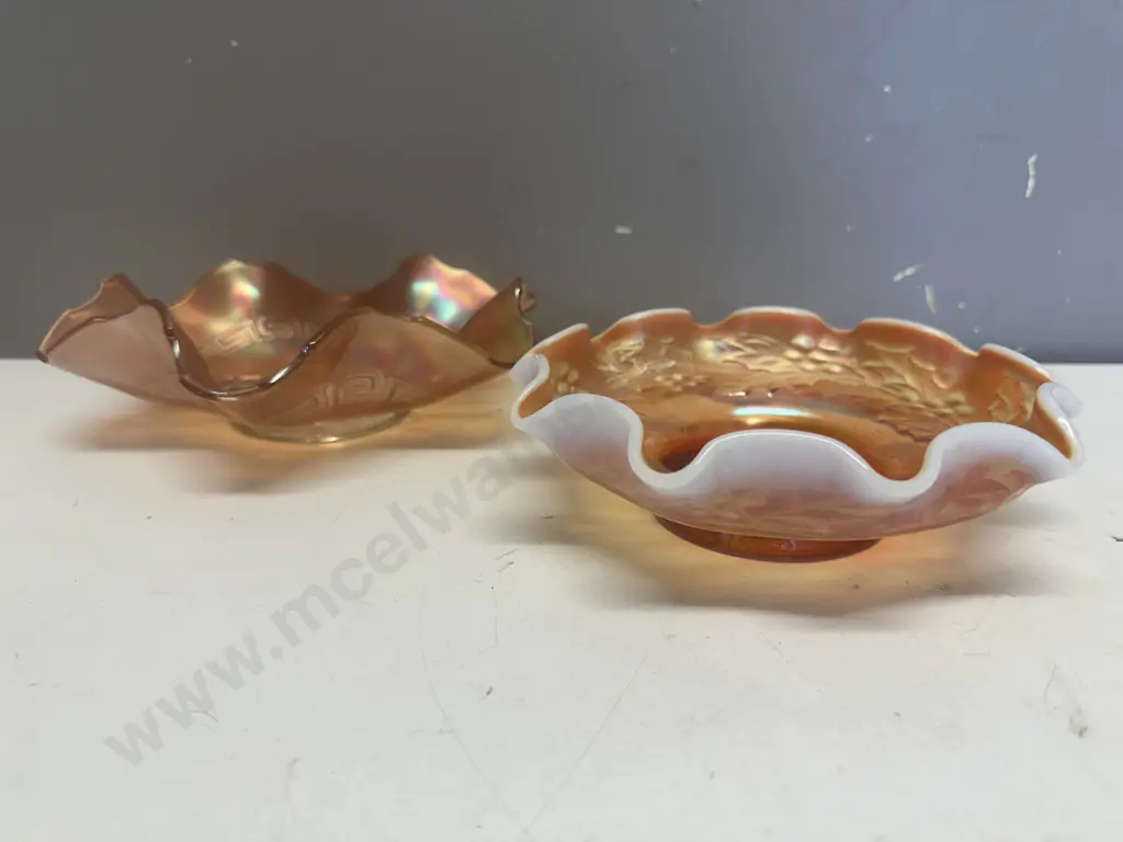 Vintage Dugan Horses Pony Marigold Carnival Dish Ruffled Bowl 7 x 22cm & Carnival Glass Holly Berry Bowl 6 x 19cm Image 1++