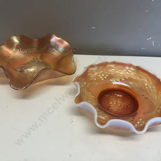 Vintage Dugan Horses Pony Marigold Carnival Dish Ruffled Bowl 7 x 22cm & Carnival Glass Holly Berry Bowl 6 x 19cm