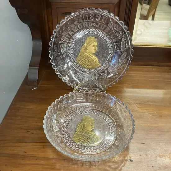 Queen Victoria 1897 Diamond Jubilee Pressed Glass Plate & Bowl