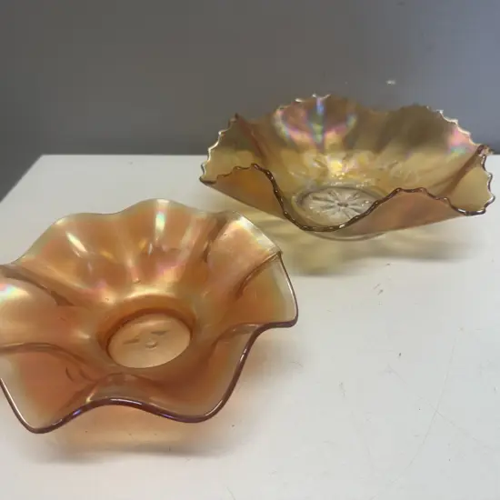 Vintage Carnival Glass Ruffled Bowl Daisy & Leaves With Marigold Northwood Carnival Glass Bowl