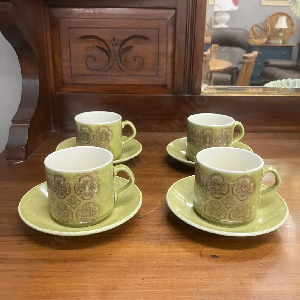 Hard To Find Crown Lynn Green & Brown Colour Cup & Saucer Duos x 4 Image 1++