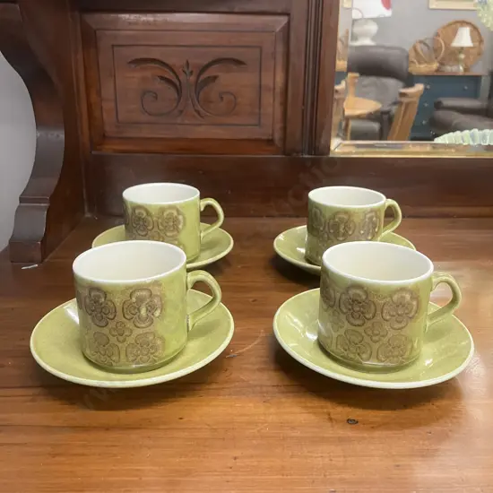 Hard To Find Crown Lynn Green & Brown Colour Cup & Saucer Duos x 4
