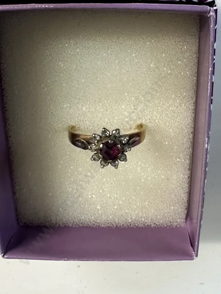 Gold Ring With Garnett & Diamonds Not Stamped But Tested Image 1++