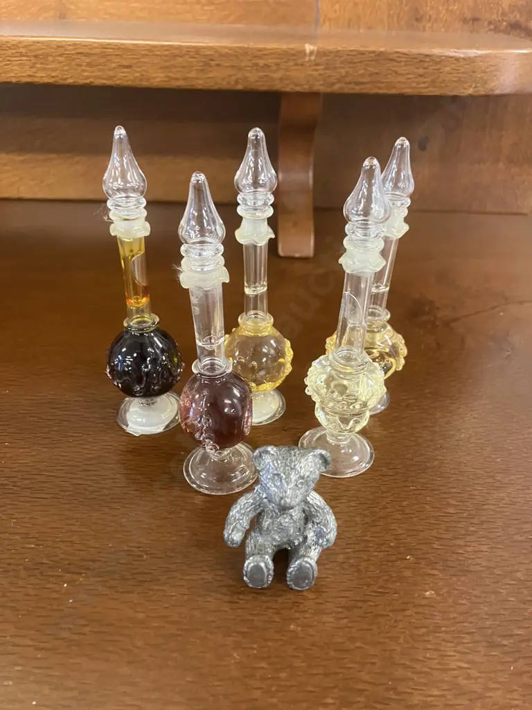 Lot of 5 Hand Blown Glass Bottles & A Pewter Teddy Bear Image 1++