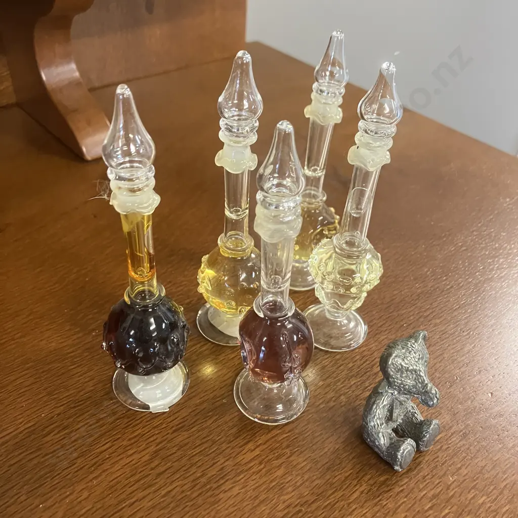Lot of 5 Hand Blown Glass Bottles & A Pewter Teddy Bear Image 1++