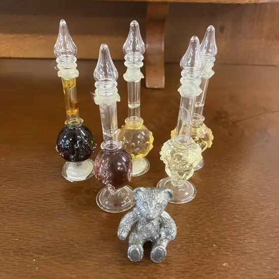 Lot of 5 Hand Blown Glass Bottles & A Pewter Teddy Bear