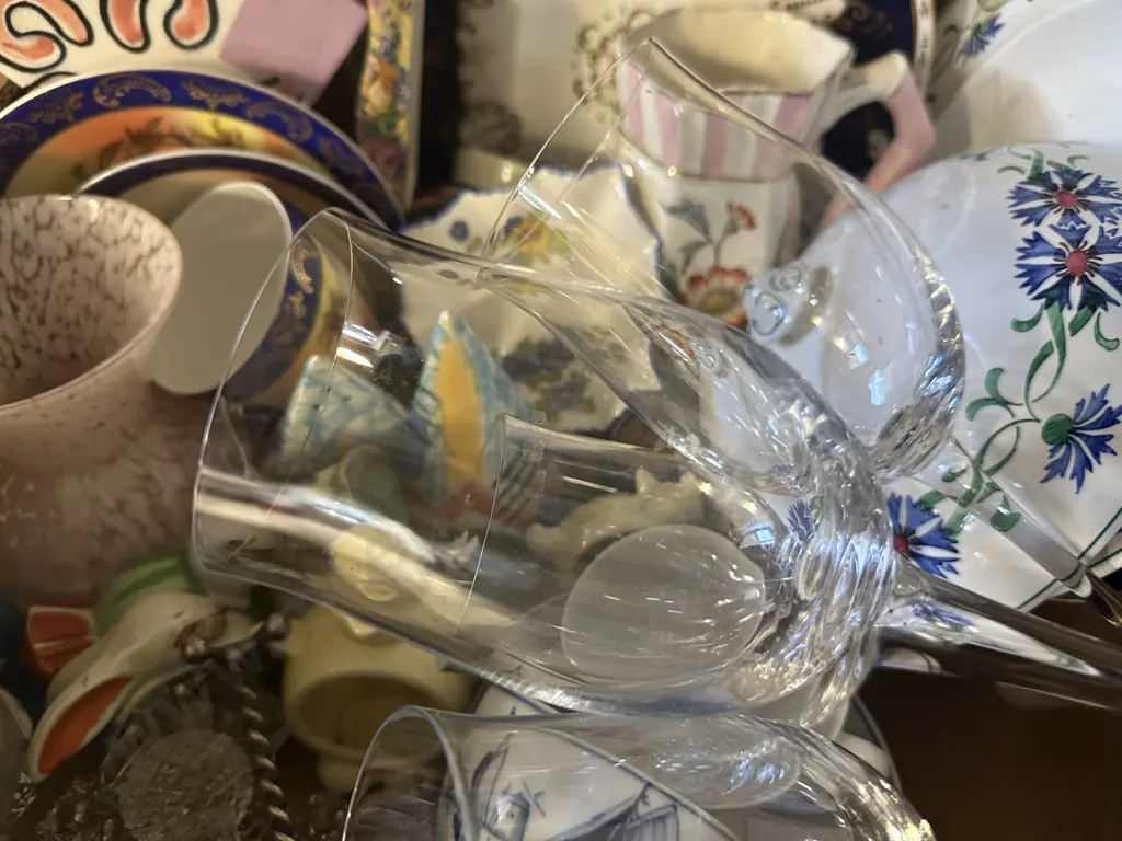 Box lot Assorted China & Glass Items Including Napkin Rings, Knife Holders, Vases, Glasses Etc Image 1++