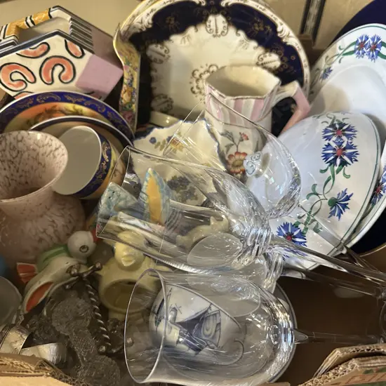 Box lot Assorted China & Glass Items Including Napkin Rings, Knife Holders, Vases, Glasses Etc