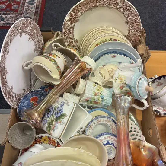 Assorted China Items Including Royal Worcester Lidded Dish, Simpsons Ware, Plates, Carnival Glass (af) Etc