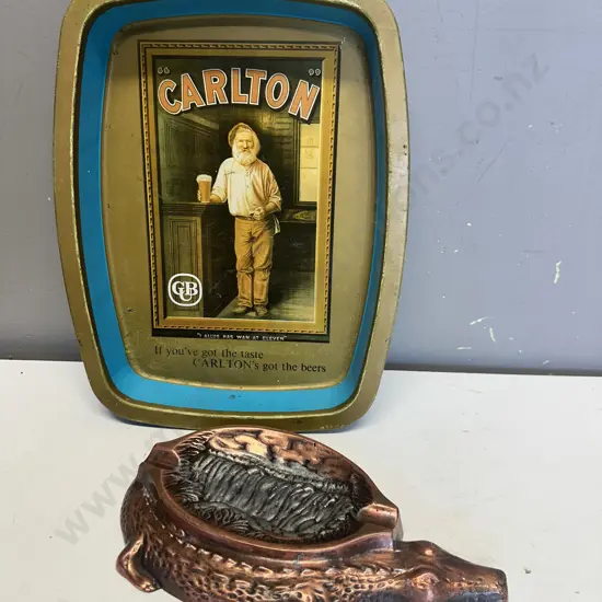 Vintage Carlton Advertising Tray & Victoria Falls Souvenir Crocodile Ashtray