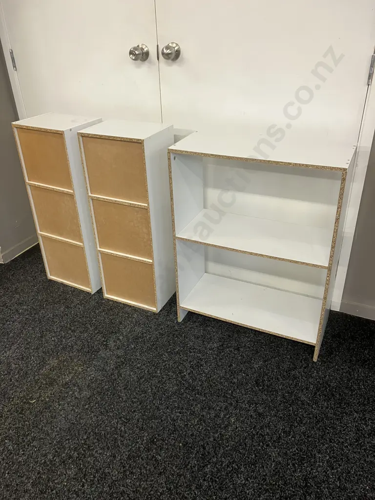 Three White Shelf Units. 2 x H80 W30 D24cm, 1 x H78 W60 D28cm Image 1++