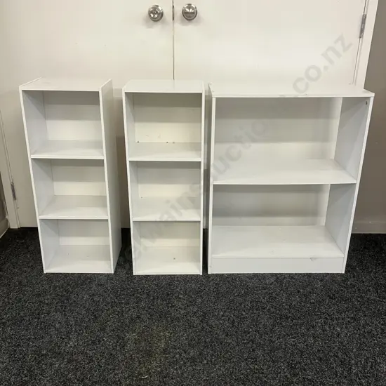Three White Shelf Units. 2 x H80 W30 D24cm, 1 x H78 W60 D28cm
