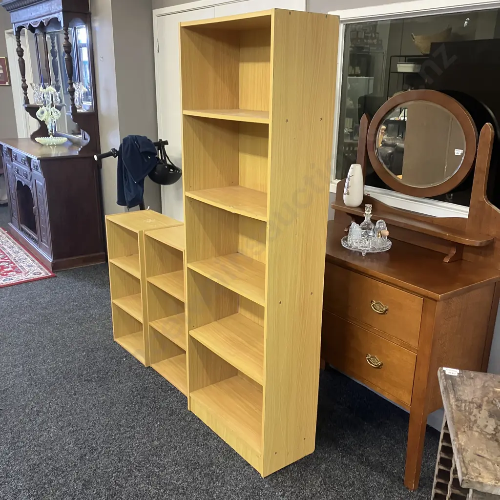 Three Wood Effect Shelf Units. 2 x H80 W45 D29cm, 1 x H177 W60 D29cm Image 1++