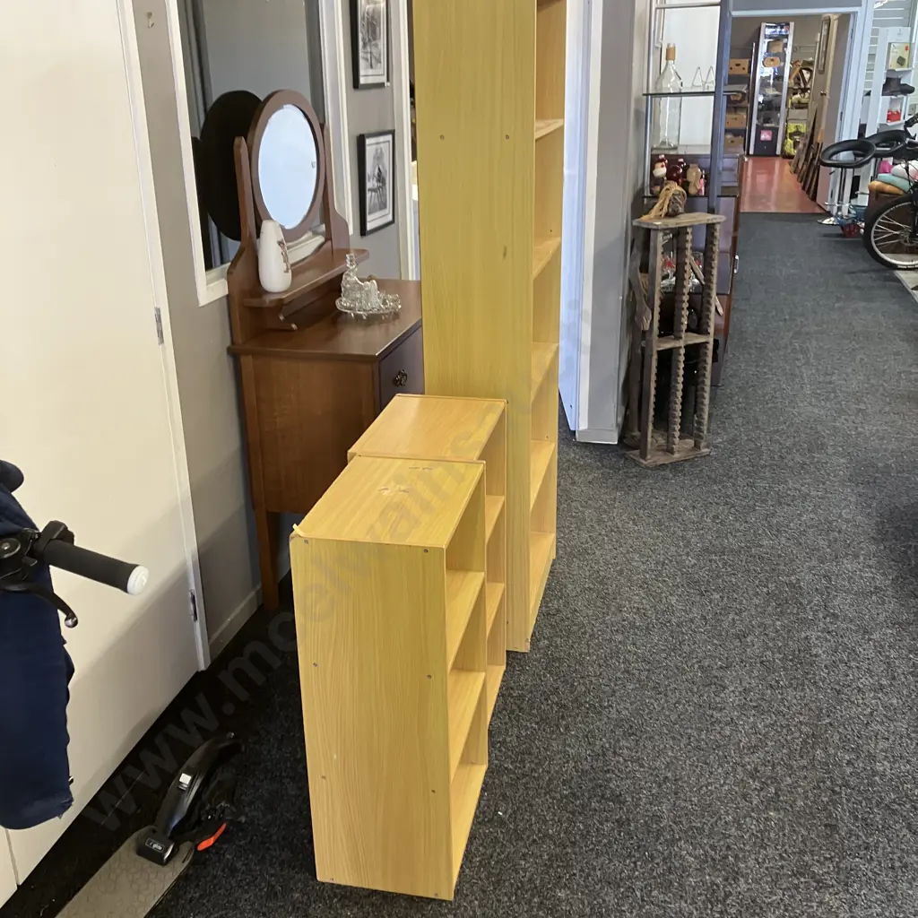 Three Wood Effect Shelf Units. 2 x H80 W45 D29cm, 1 x H177 W60 D29cm Image 1++