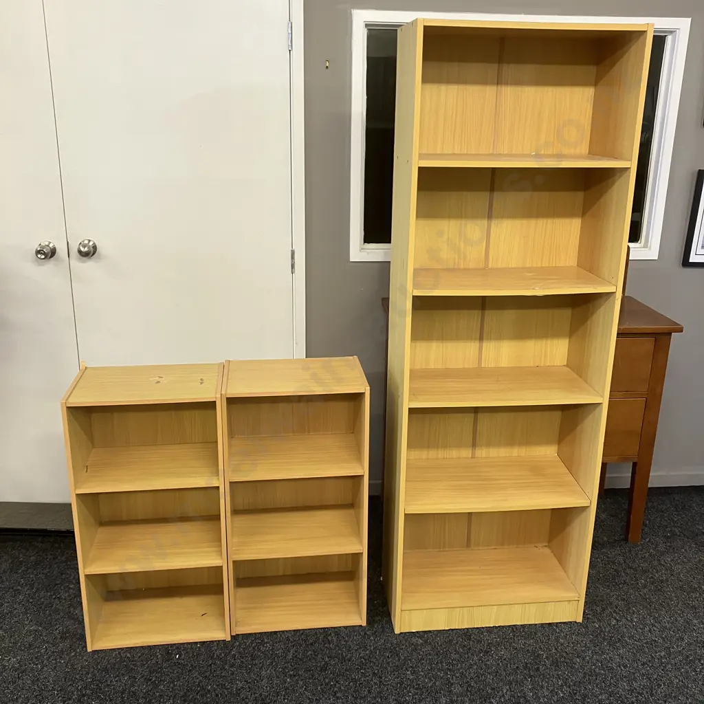 Three Wood Effect Shelf Units. 2 x H80 W45 D29cm, 1 x H177 W60 D29cm Image 1++