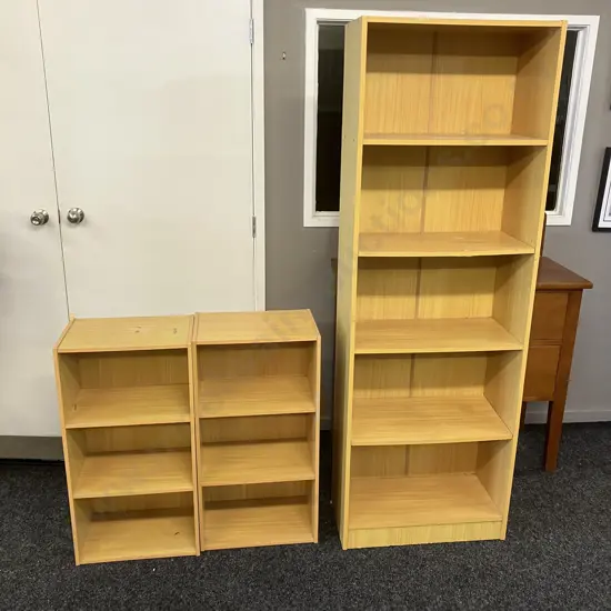 Three Wood Effect Shelf Units. 2 x H80 W45 D29cm, 1 x H177 W60 D29cm