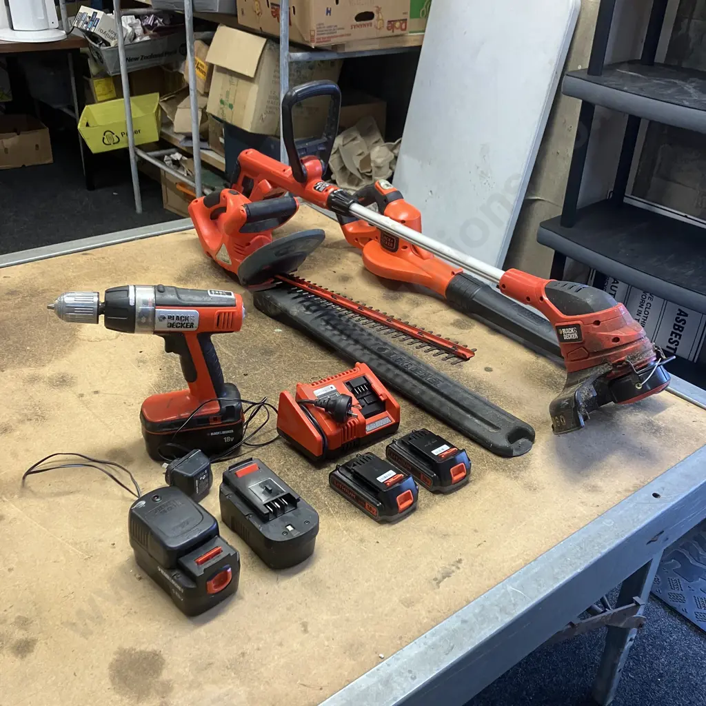 Black & Decker 18V Cordless Tools - Drill PS18-XE, Blower, Hedge Trimmer, Line Trimmer, Batteries & Chargers Image 1++