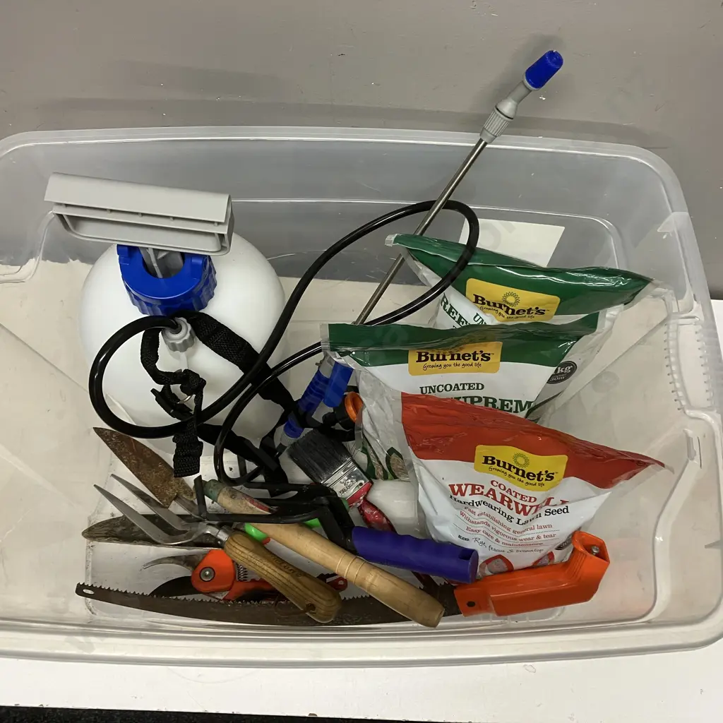 Clear Bin, Garden Tools, Grass Seed Packs, Pressure Sprayer Etc Image 1++