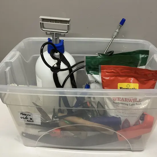 Clear Bin, Garden Tools, Grass Seed Packs, Pressure Sprayer Etc