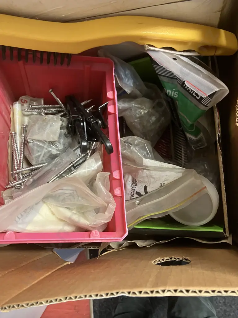 Box Lot Light Fittings, Nails, Hardware Etc Image 1++