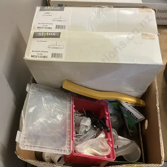 Box Lot Light Fittings, Nails, Hardware Etc