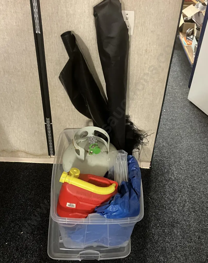 Clear Bin, Blue Tarp, Gas Bottle, Red Plastic Fuel Container, Weed Mat Etc Image 1++
