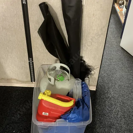 Clear Bin, Blue Tarp, Gas Bottle, Red Plastic Fuel Container, Weed Mat Etc