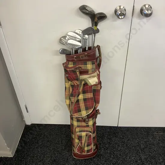 Vintage Bryant England Tartan Golf Bag, Assorted Clubs, & Golf Balls