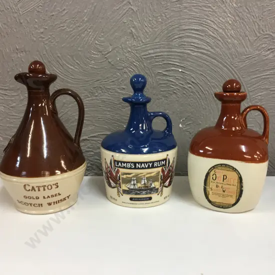 Selection Of Whiskey & Rum Stoneware Bottles Including Grand Parr, Cattos & Lambs Navy Rum