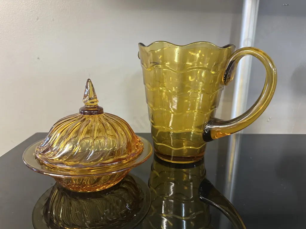 Vintage Amber Glass Pitcher H18cm & Amber Carnival Glass Lidded Dish  Image 1++