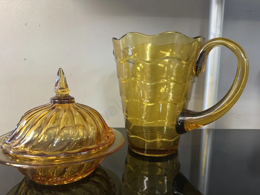 Vintage Amber Glass Pitcher H18cm & Amber Carnival Glass Lidded Dish  Image 1++