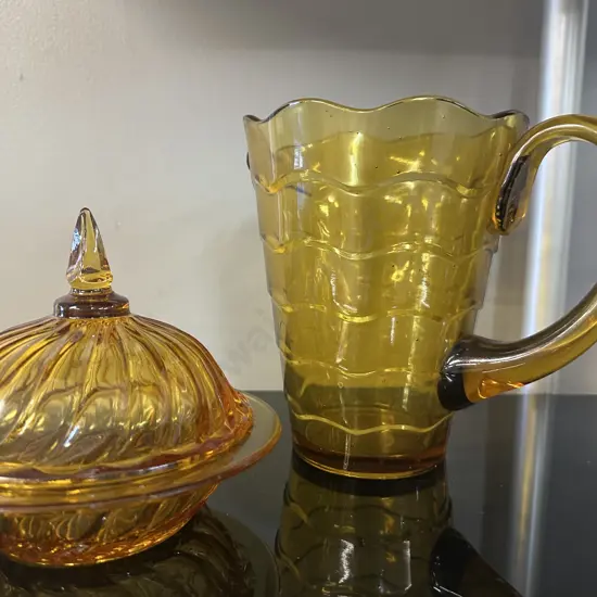 Vintage Amber Glass Pitcher H18cm & Amber Carnival Glass Lidded Dish 