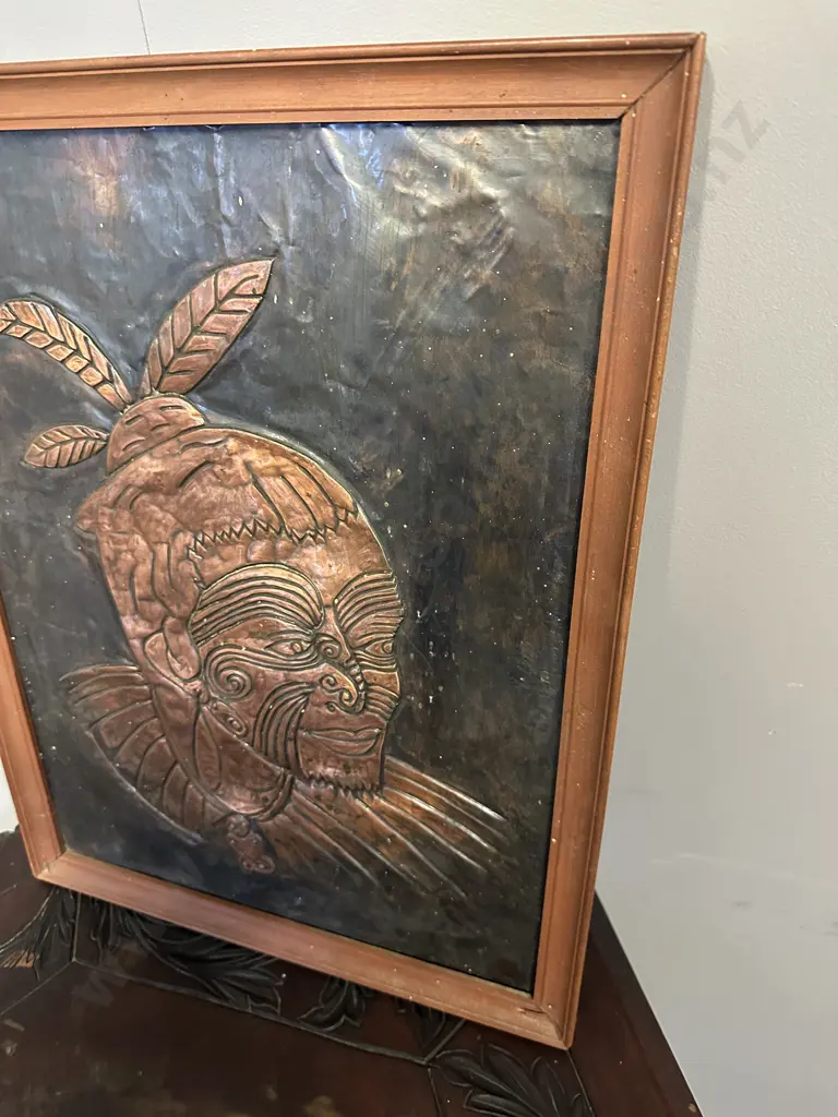 Vintage Framed Repousse Copper Wall Art Maori Chief H43,W33cm. Image 1++