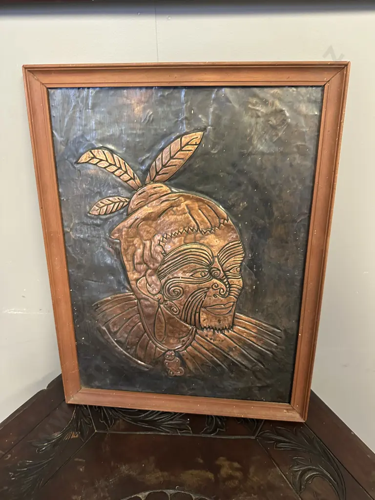 Vintage Framed Repousse Copper Wall Art Maori Chief H43,W33cm. Image 1++