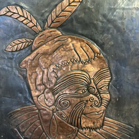 Vintage Framed Repousse Copper Wall Art Maori Chief H43,W33cm.