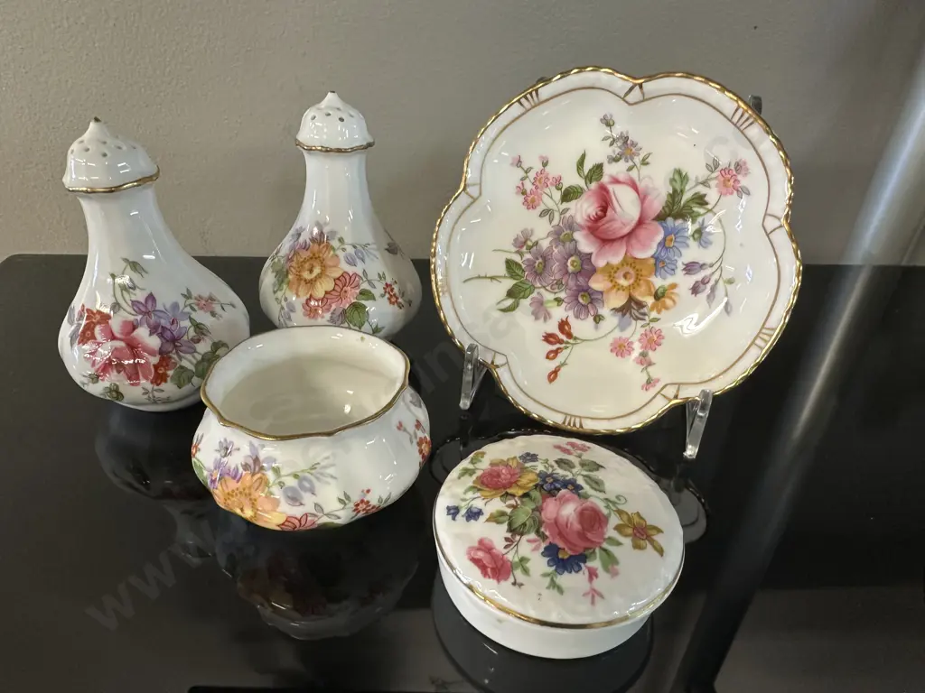 Selection Of China Items Including Royal Crown Derby Poises & Fenton Lidded Dish Image 1++
